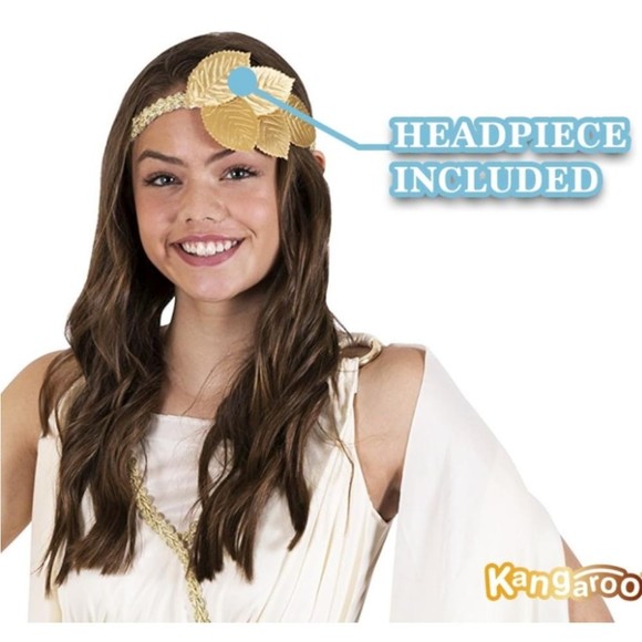 Kangaroo Greek Goddess Dress with Gold Leaf Headpiece Size Medium NWT - Picture 3 of 7